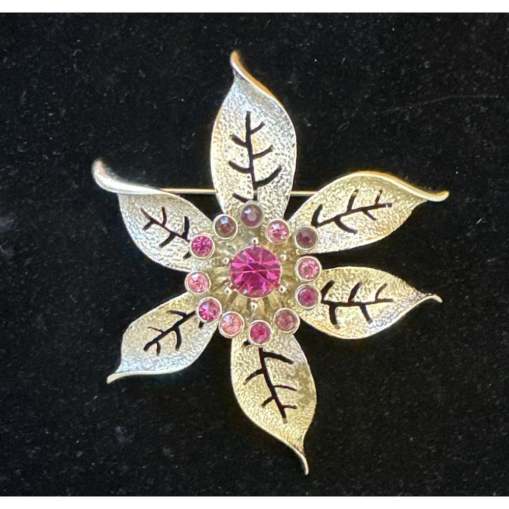 Vtg Sarah Coventry Flower Pin Brooch Silver Tone Textured Pink Rhinestones EUC‎